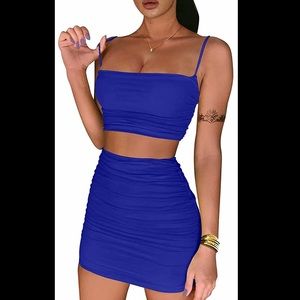 Ruched back crop top and mini skirt set in royal blue size M